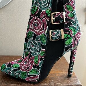 Embroidered Floral Stiletto Ankle Boots - Black, Green, Pink